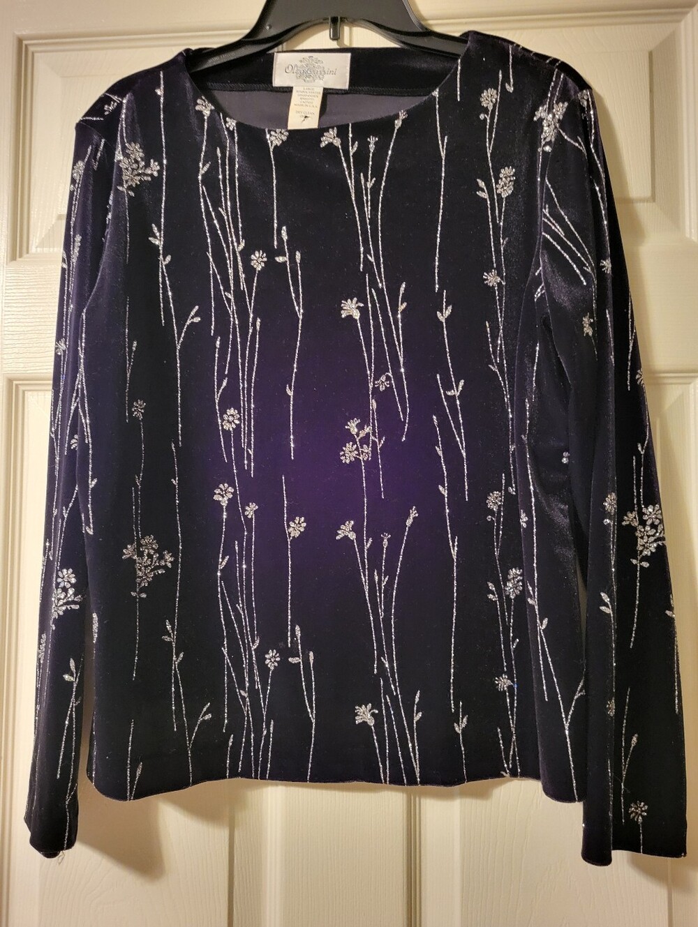 Oleg Cassini Velvet Black Long-Sleeve Top with Silver Floral Stems